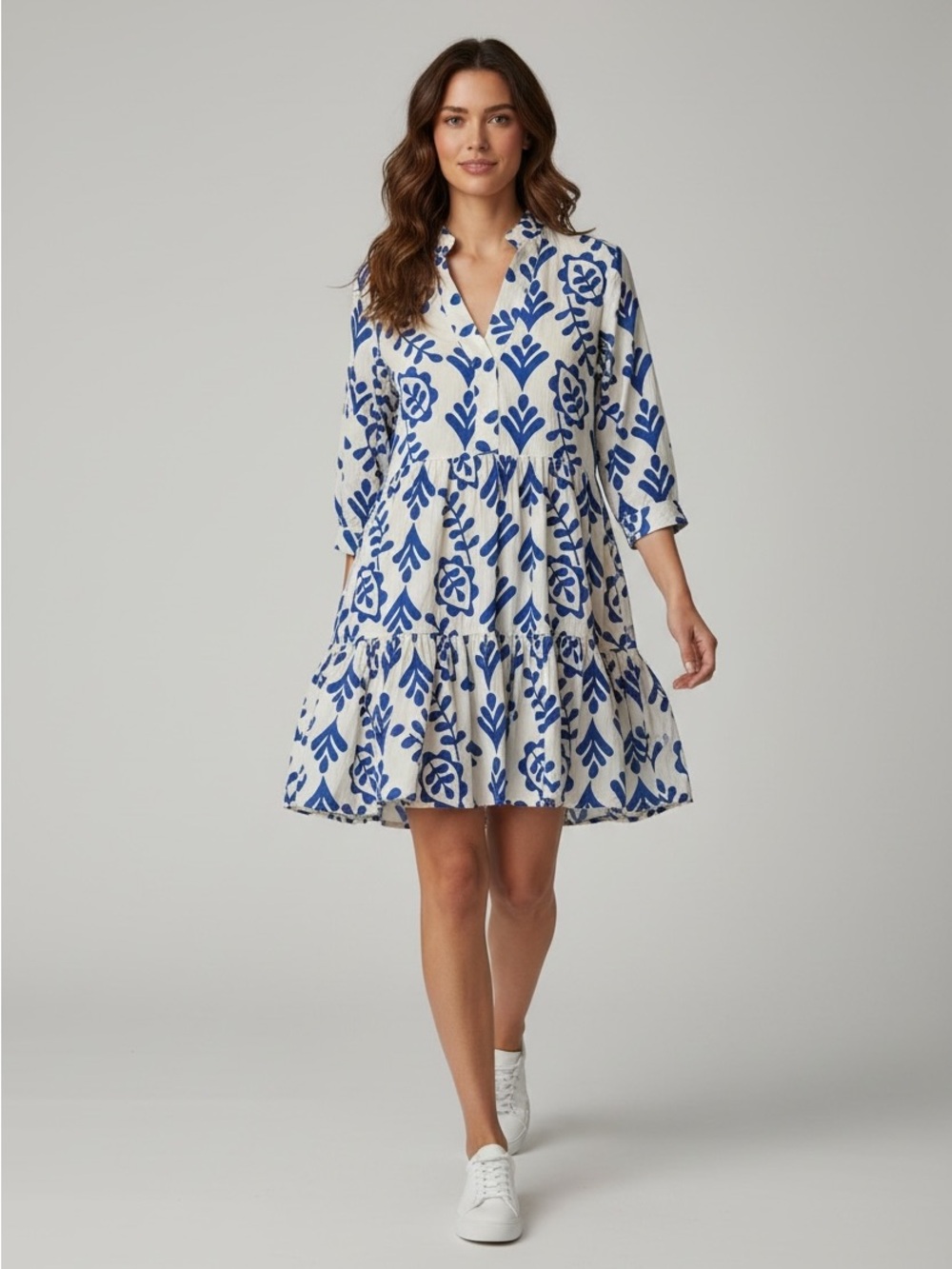 Zara White Midi Dress with Bold Blue Floral Print